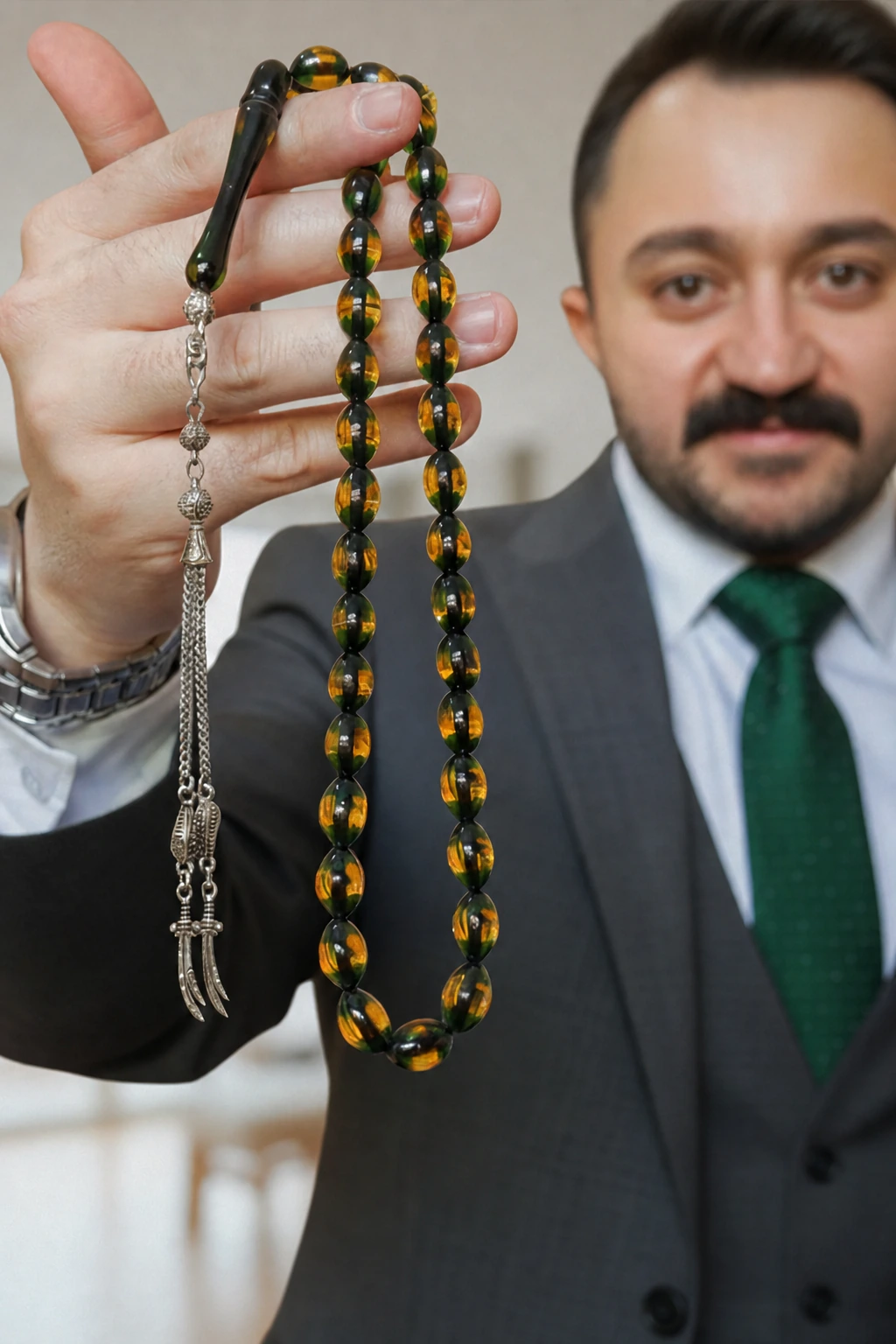 Sürmeli Kehribar Tespih Yeşil Ton Geçişli Erkek Hediyelik Kehribar Tesbih Erkek Özel Gün Hediye