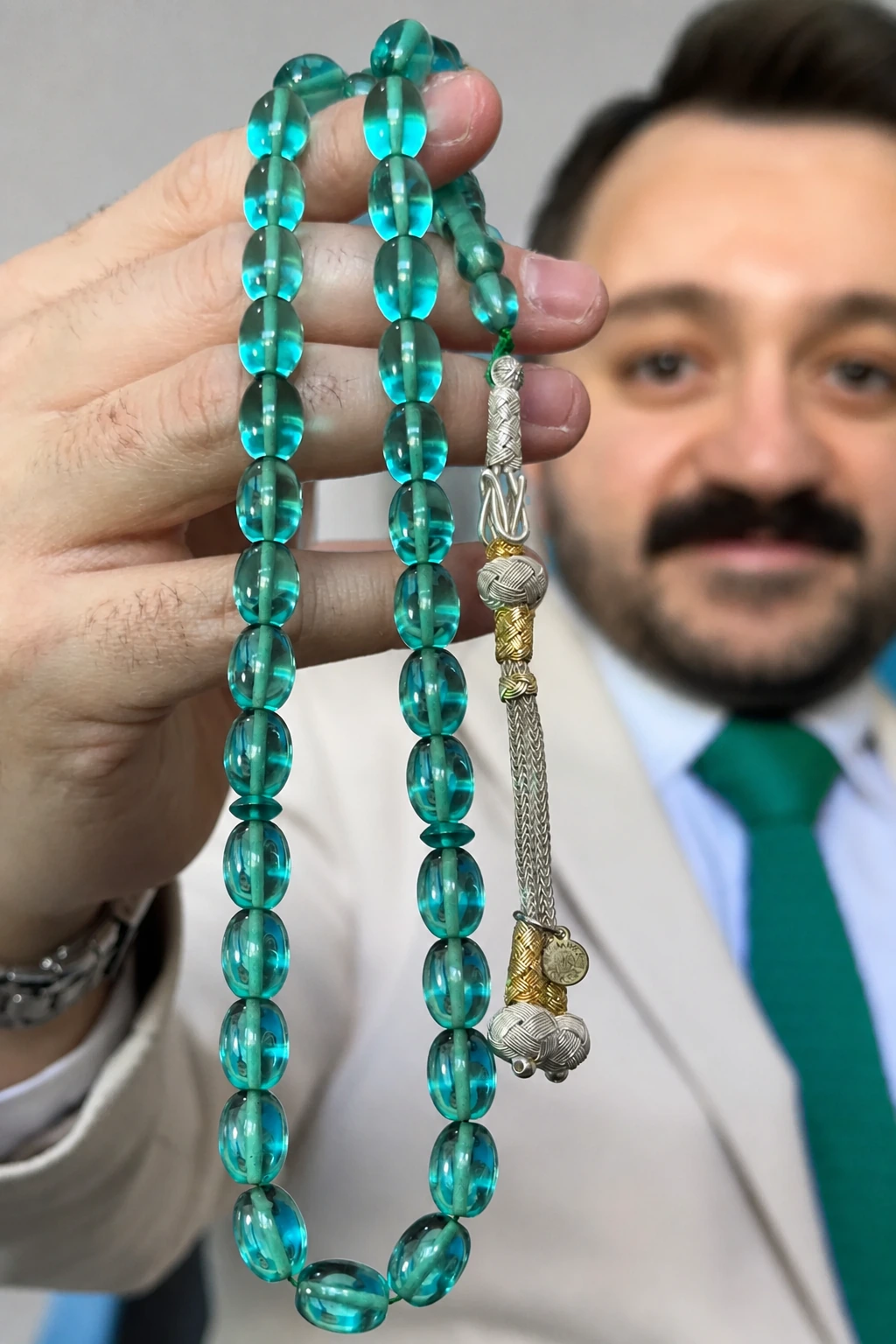 Gümüş renk püsküllü Renkte Ateş Kehribar Tespih — Kehribar