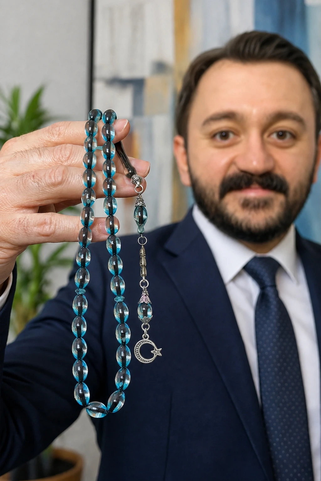 Ay Yıldız Figürlü Sürmeli Kehribar Tesbih - Erkek Hediyesi Tespih Mavi Kehribar — Kehribar