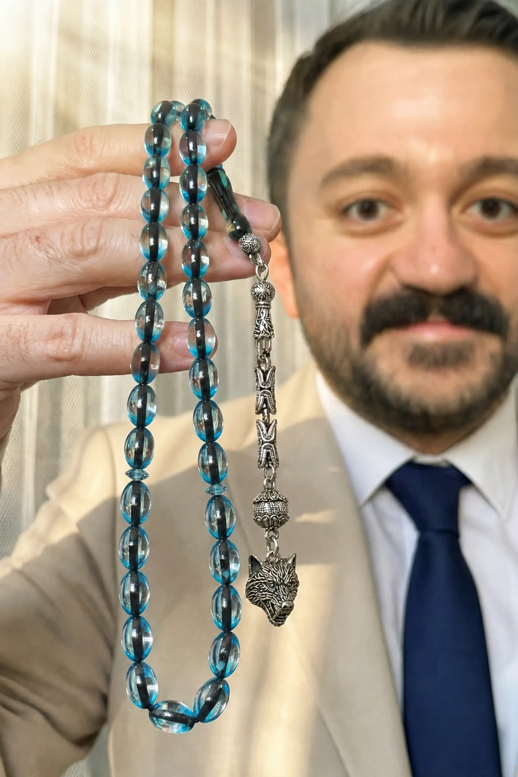 Kurt Başlı Özel Püsküllü Mavi Sürmeli Kehribar Tespih Erkek Hediyelik