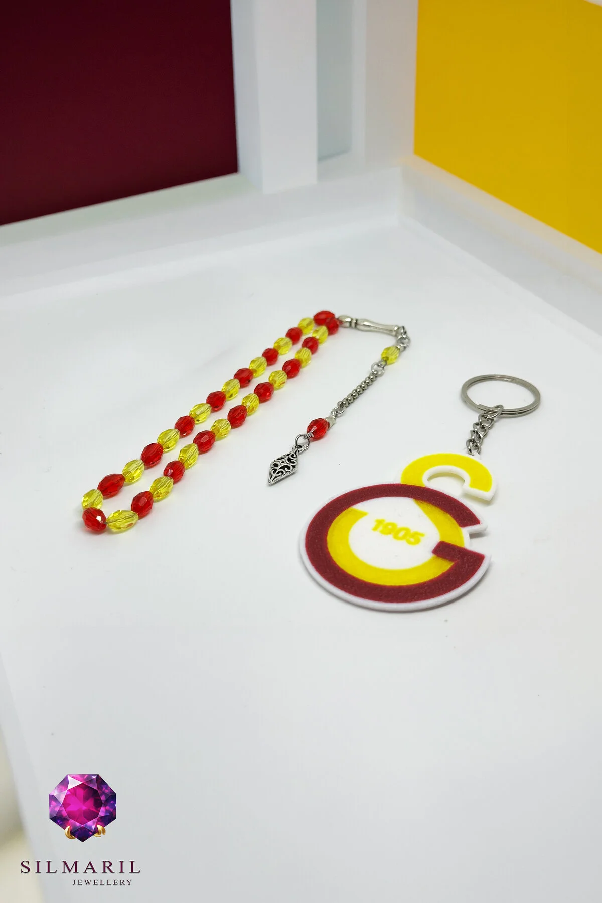 Sarı Kırmızı Taraftar Tespih Seti | Kristal Tespih + GS Anahtarlık Kombin Seti | Galatasaray
